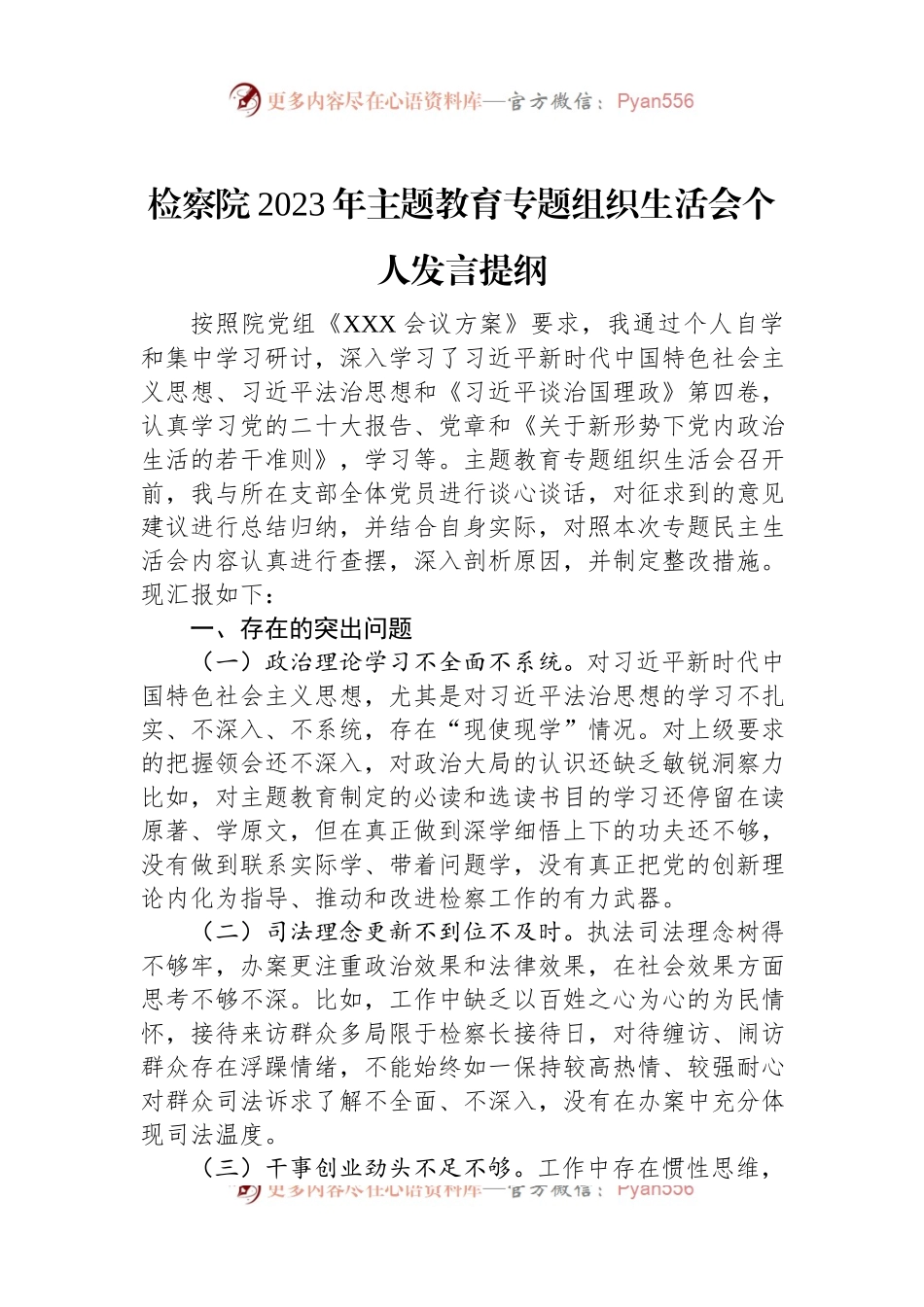 检察院2023年主题教育专题组织生活会个人发言提纲.docx_第1页