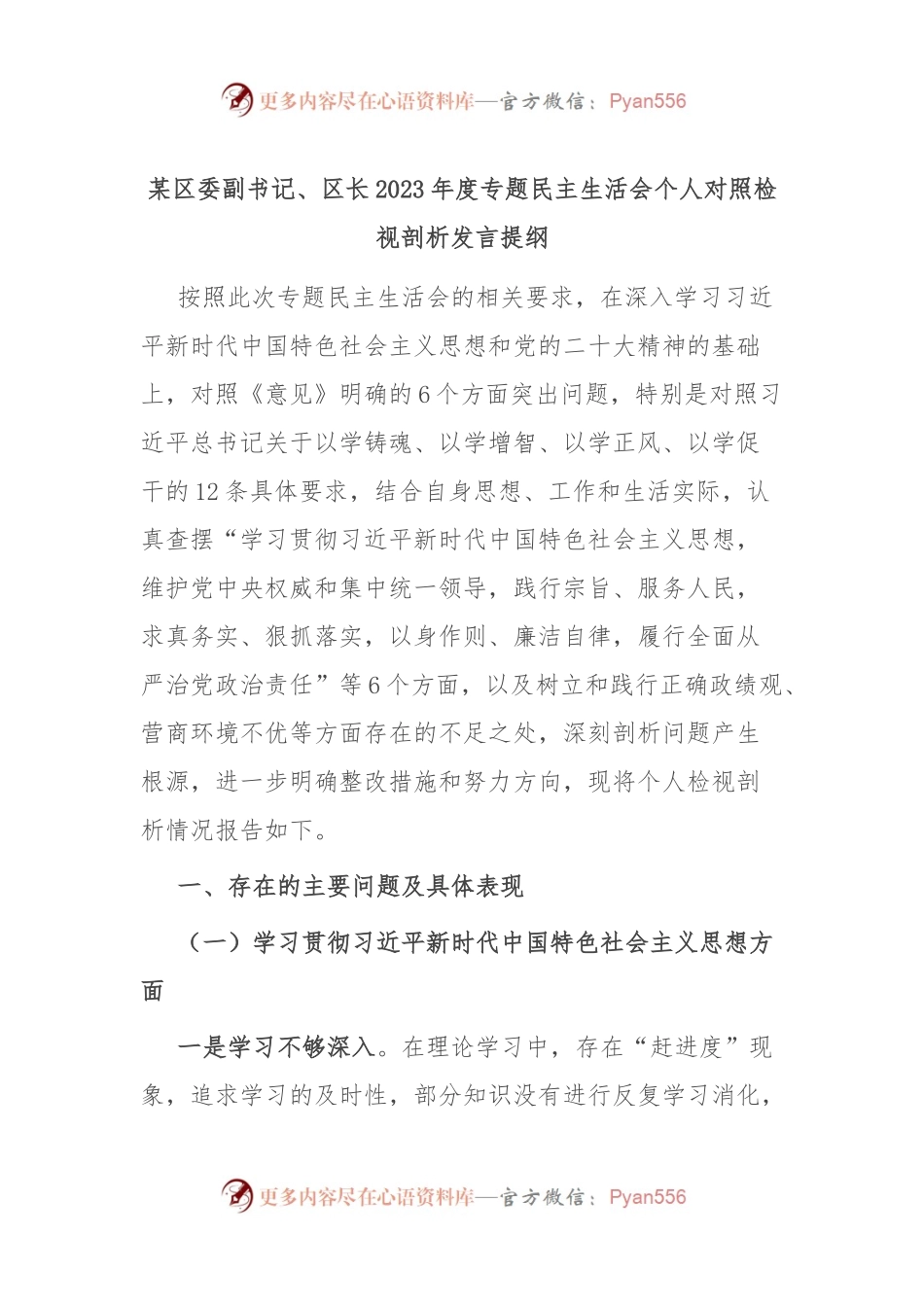 某区委副书记、区长2023年度专题民主生活会个人对照检视剖析发言稿提纲.docx_第1页