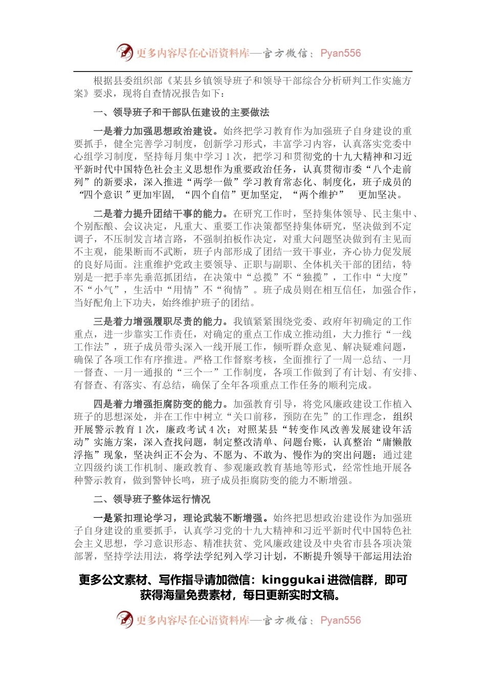 某镇领导班子分析研判自查报告.docx_第1页