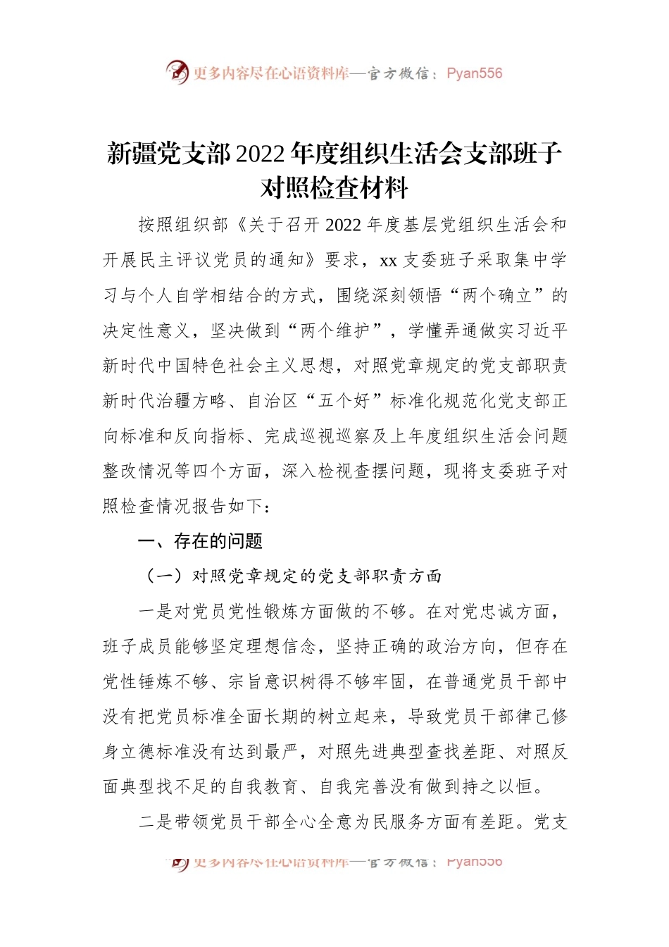 新疆党支部2022年度组织生活会支部班子对照检查材料.docx_第1页