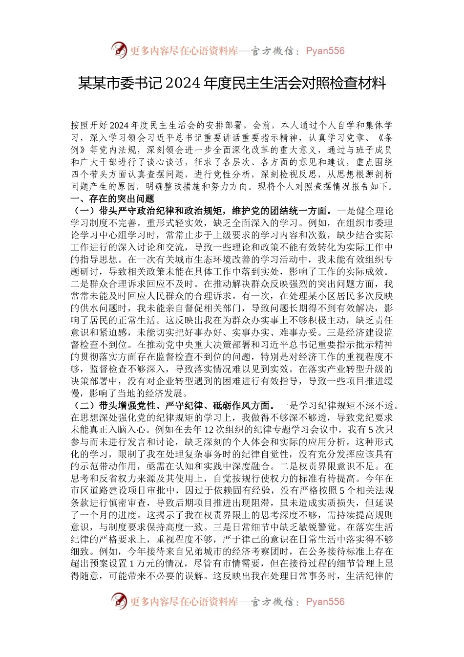 某某市委书记2024年度民主生活会对照检查材料.docx_第1页