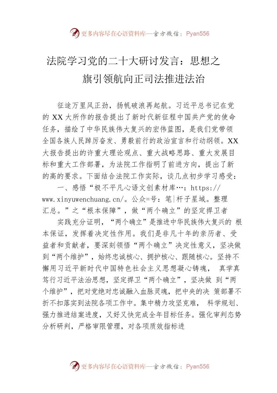 法院学习党的二十大研讨发言：思想之旗引领航向正司法推进法治.docx_第1页