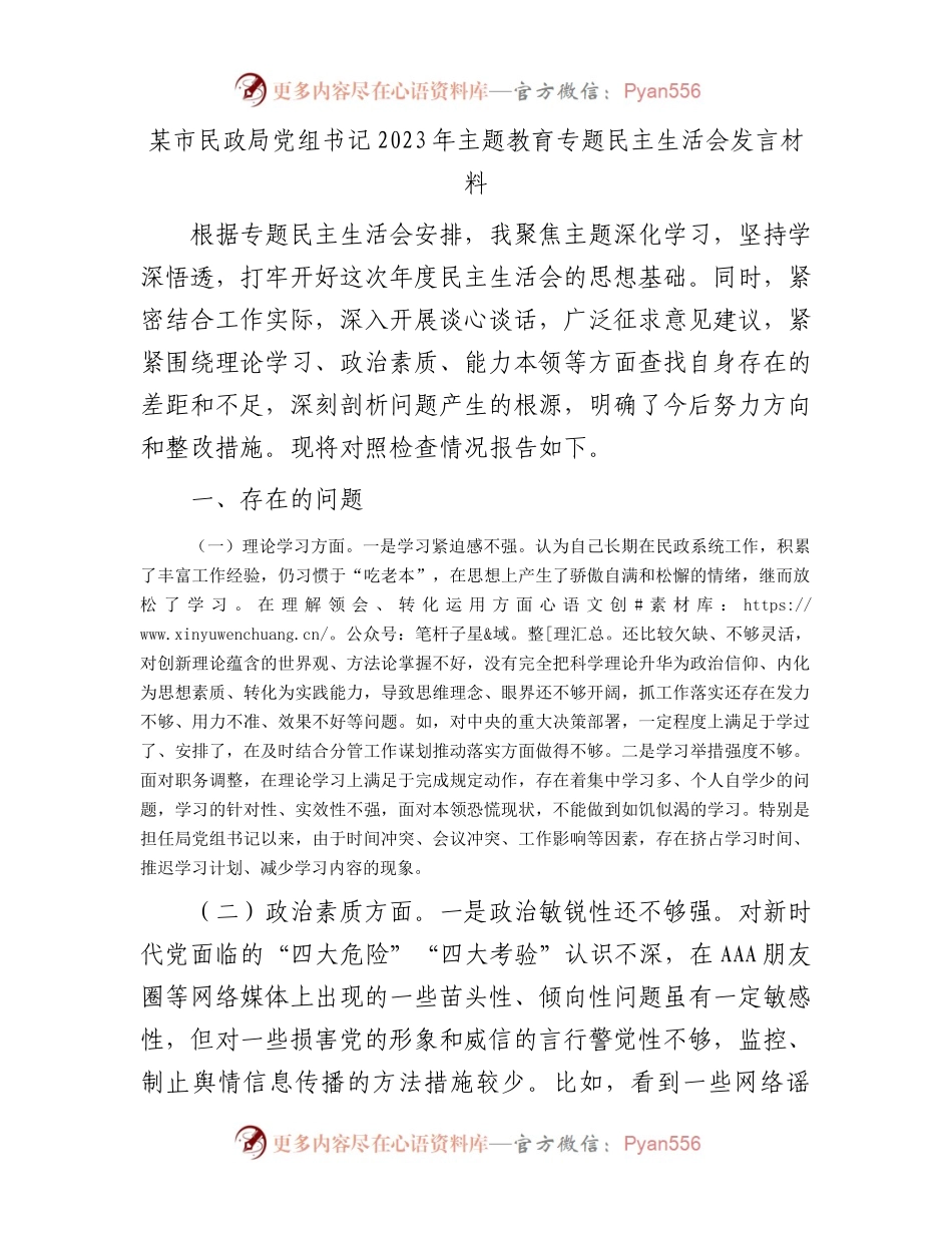 某市民政局党组书记2023年主题教育专题民主生活会发言材料.docx_第1页