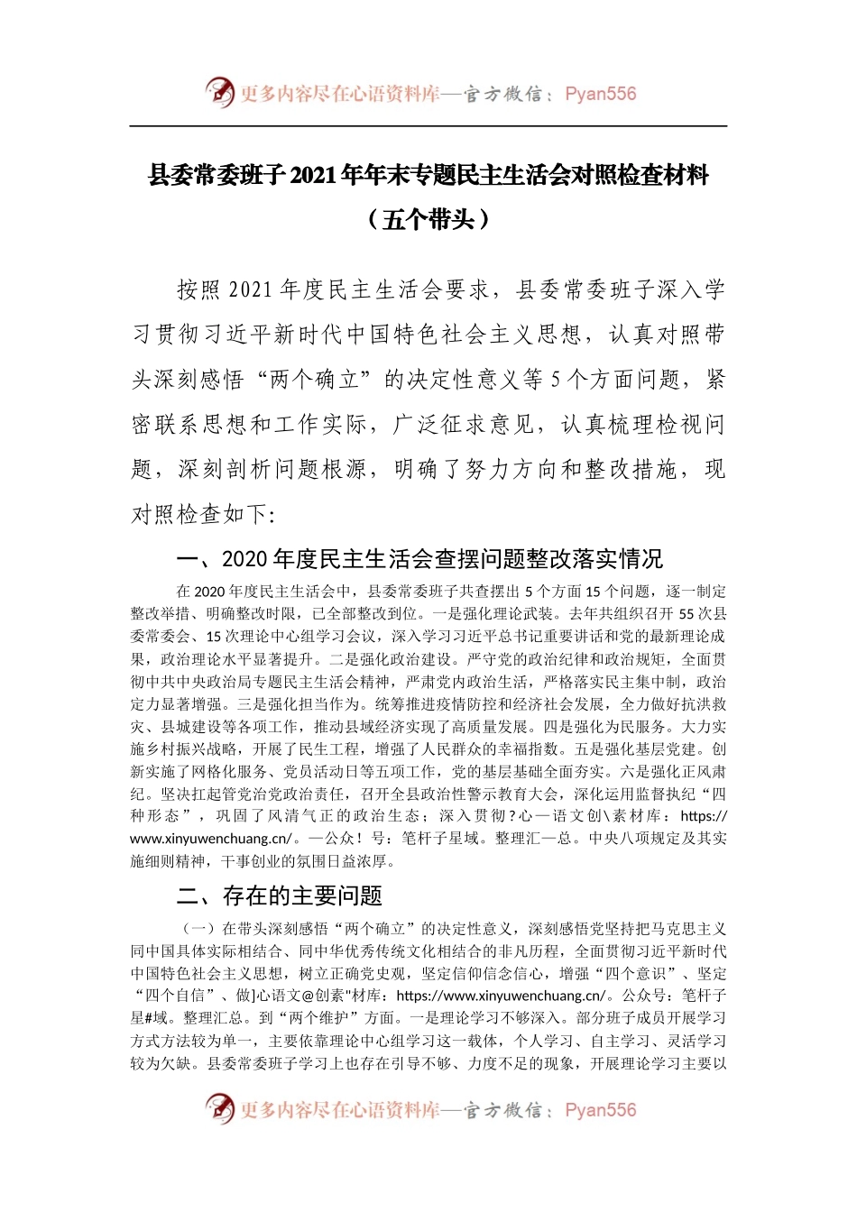 班子2021年专题民主生活会对照检查材料[县].docx_第1页