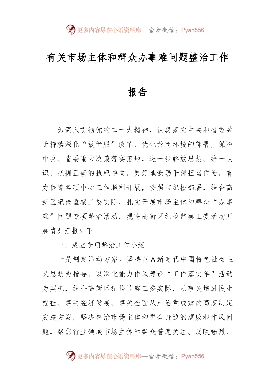有关市场主体和群众办事难问题整治工作报告.docx_第1页