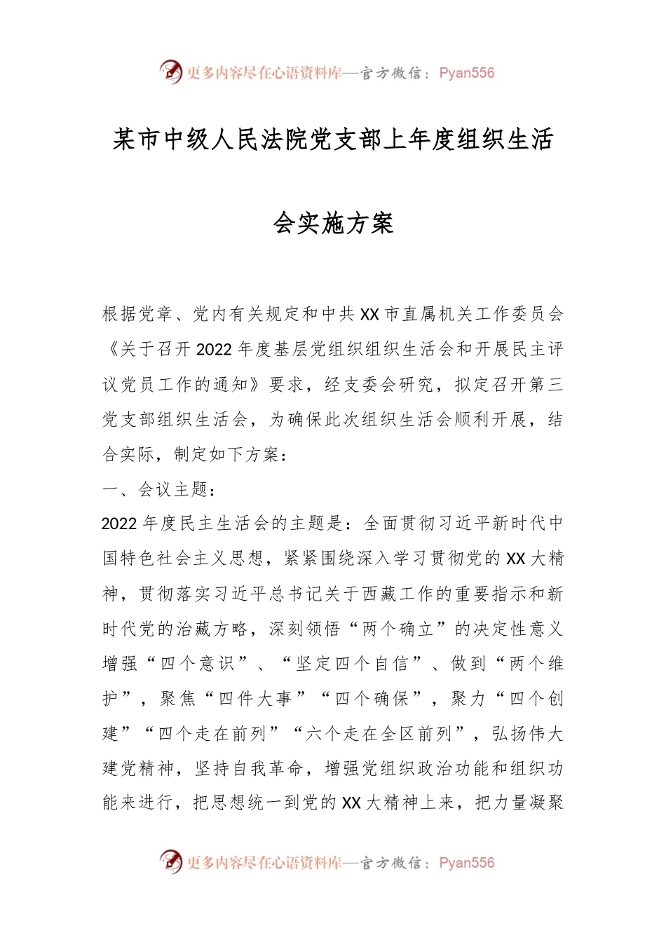 某市中级人民法院党支部上年度组织生活会实施方案.docx_第1页