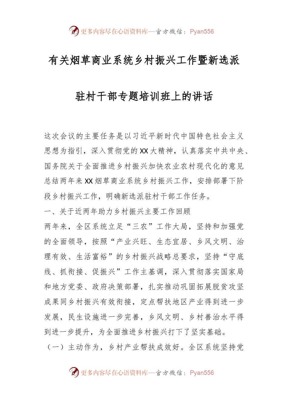 有关烟草商业系统乡村振兴工作暨新选派驻村干部专题培训班上的讲话.docx_第1页