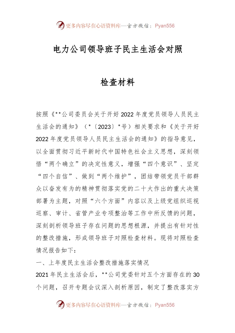 电力公司领导班子民主生活会对照检查材料.docx_第1页