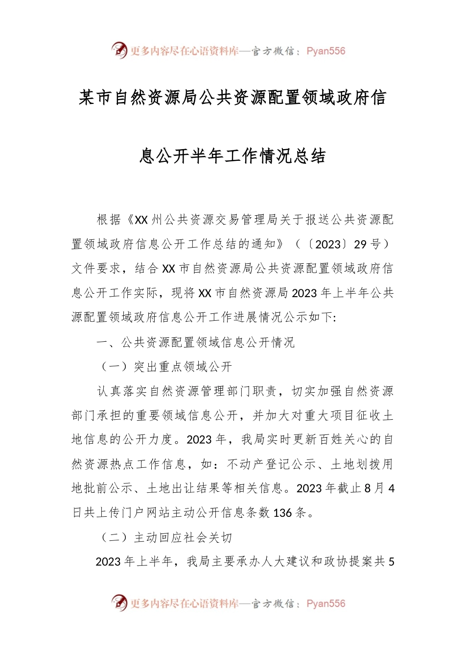 某市自然资源局公共资源配置领域政府信息公开半年工作情况总结.docx_第1页