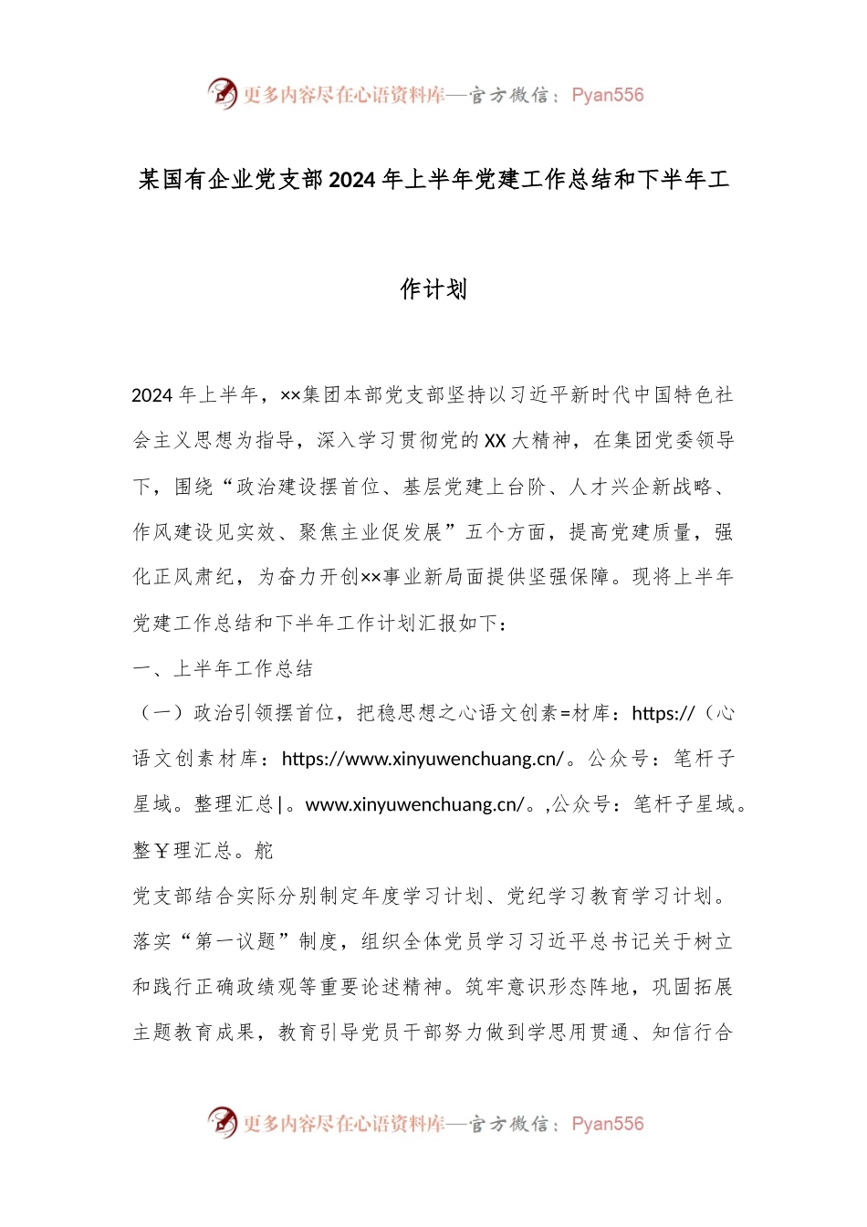 某国有企业党支部2024年上半年党建工作总结和下半年工作计划.docx_第1页