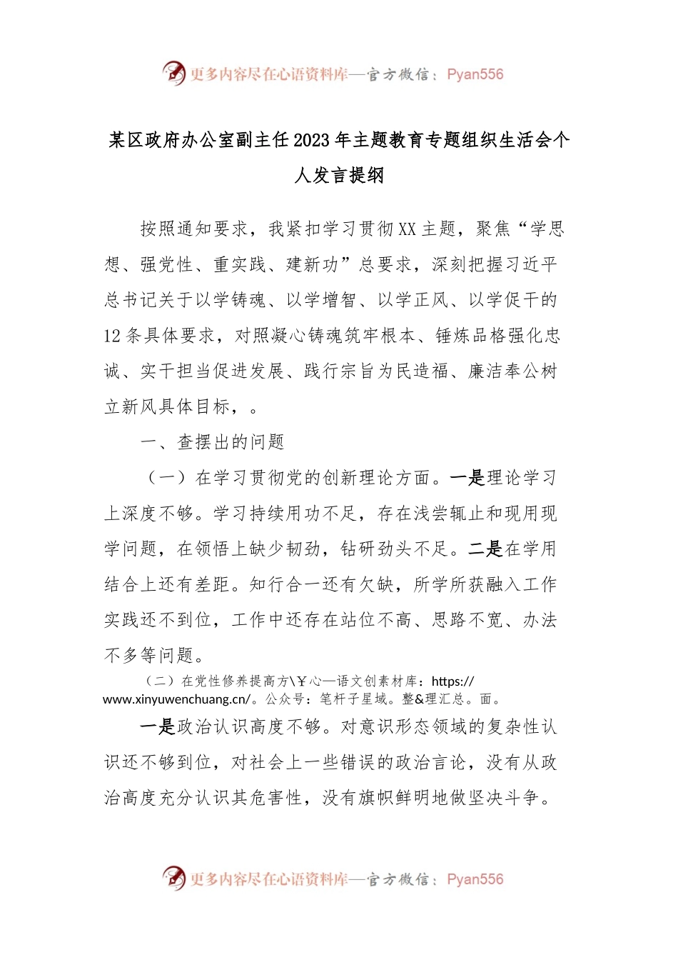 某区政府办公室副主任2023年主题教育专题组织生活会个人发言稿提纲.docx_第1页