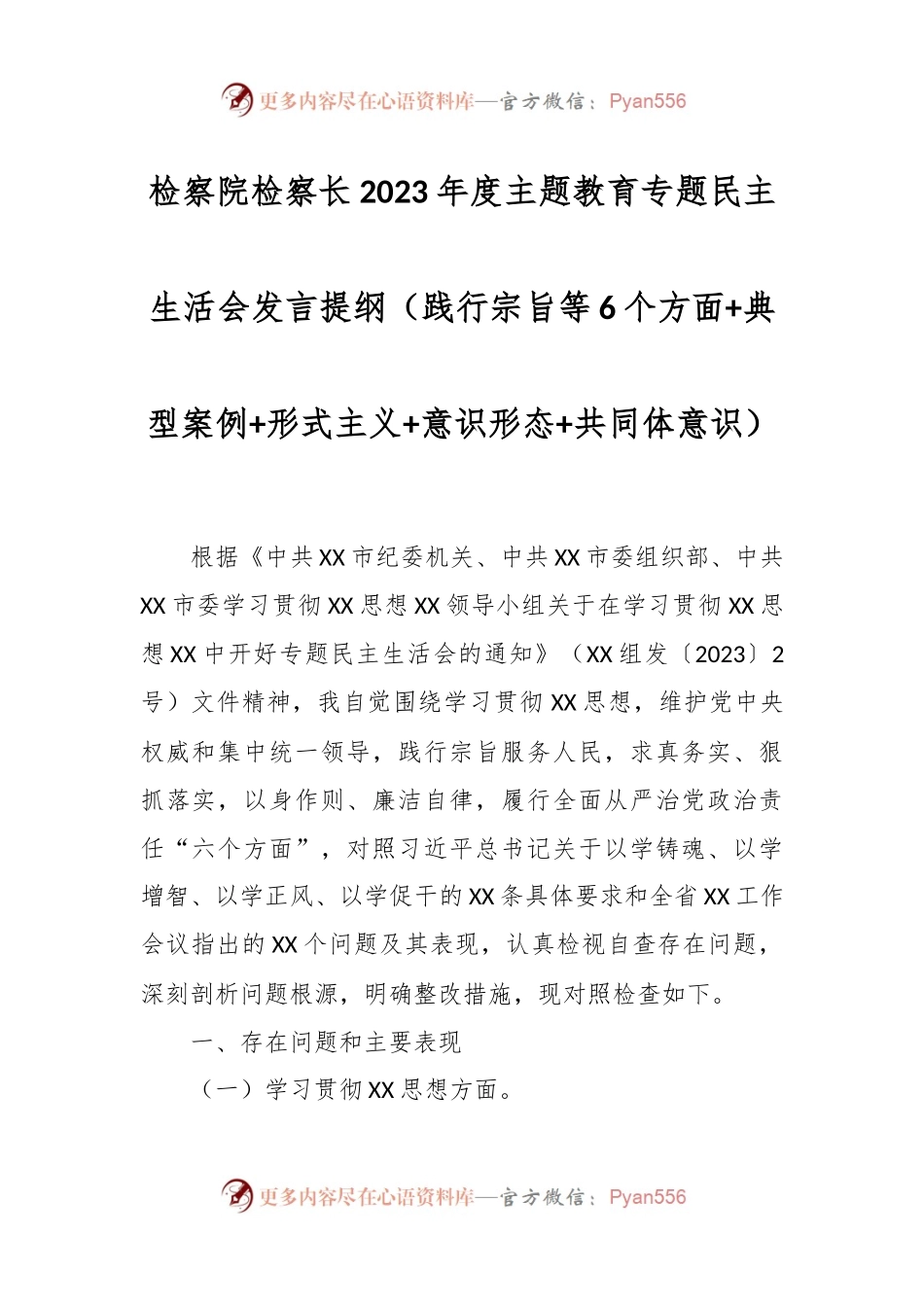 检察院检察长2023年度主题教育专题民主生活会发言稿提纲（践行宗旨等6个方面+典型案例+形式主义+意识形态+共同体意识）.docx_第1页