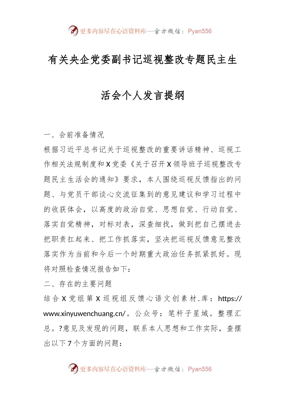 有关央企党委副书记巡视整改专题民主生活会个人发言提纲.docx_第1页