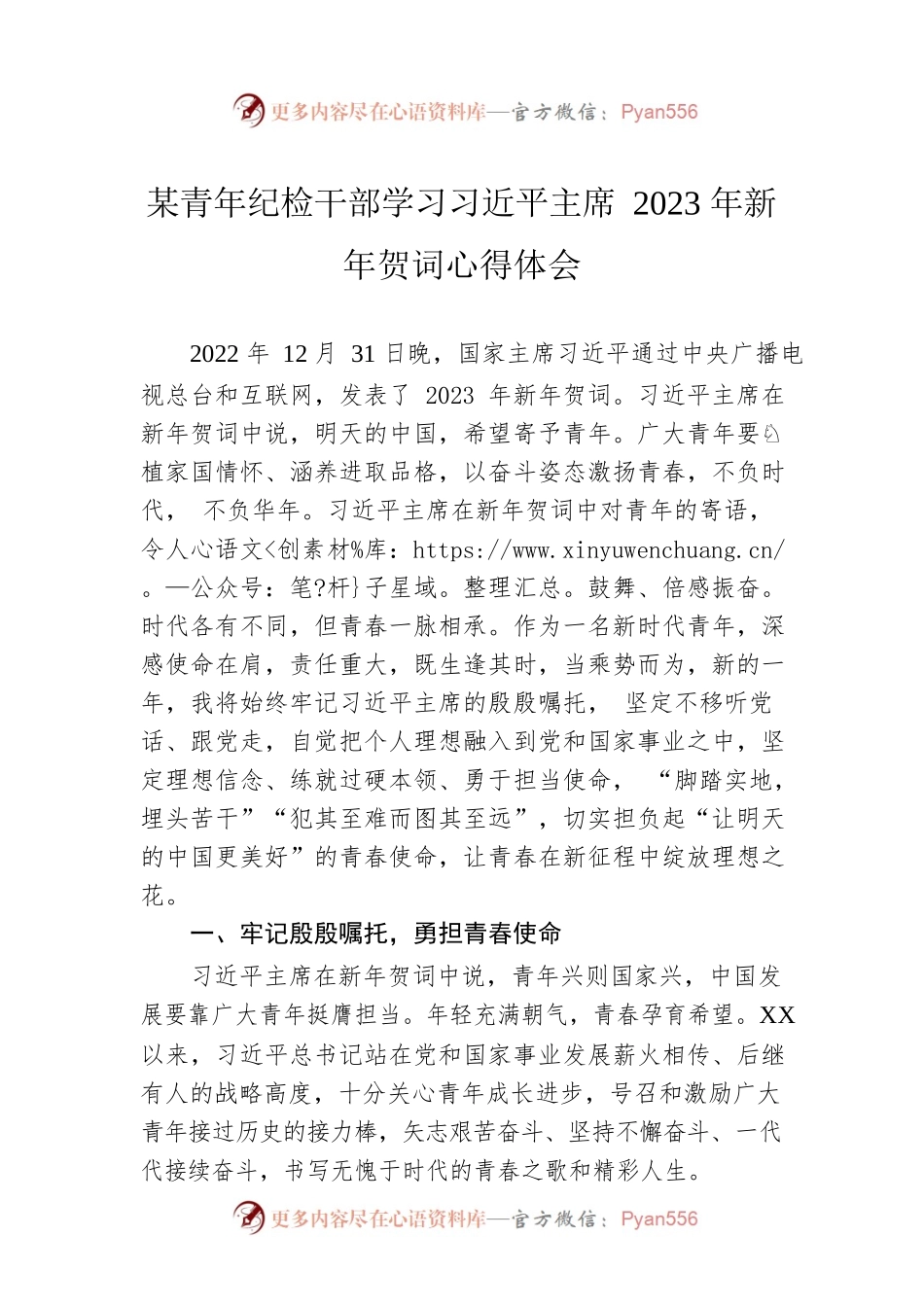 某青年纪检干部学习习近平主席2023年新年贺词心得体会.docx_第1页
