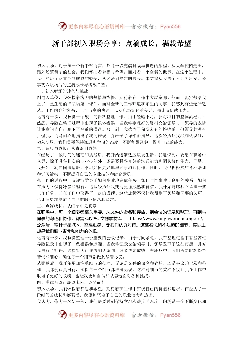 新干部初入职场分享：点滴成长，满载希望.docx_第1页