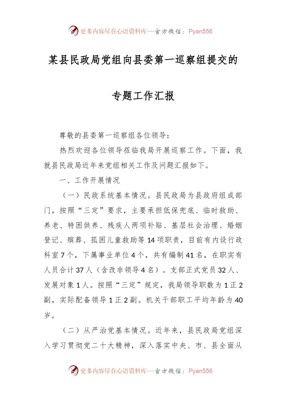 某县民政局党组向县委第一巡察组提交的专题工作汇报.docx_第1页