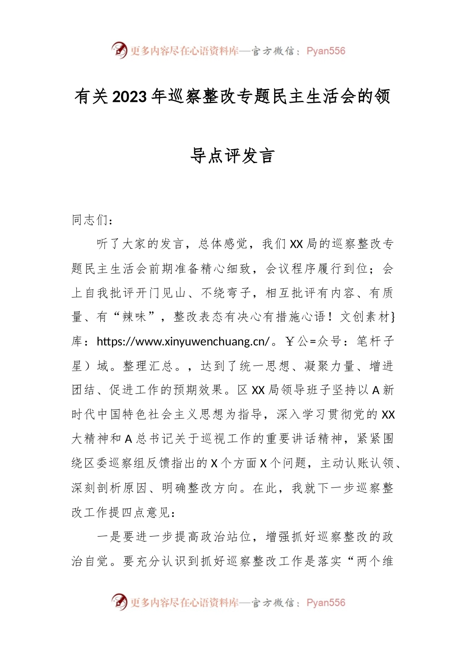 有关2023年巡察整改专题民主生活会的领导点评发言.docx_第1页