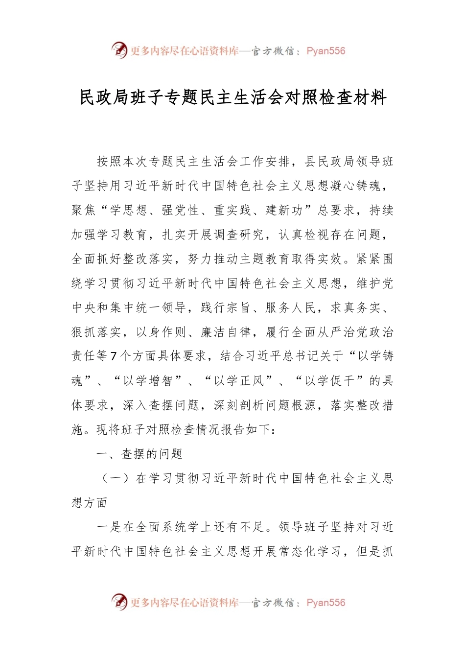 民政局班子专题民主生活会对照检查材料.docx_第1页