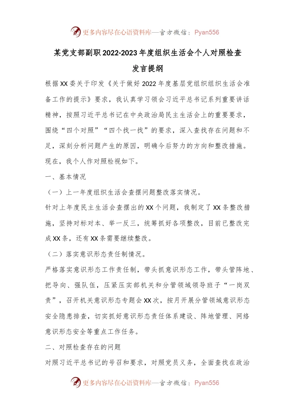 某党支部副职2022-2023年度组织生活会个人对照检查发言提纲.docx_第1页