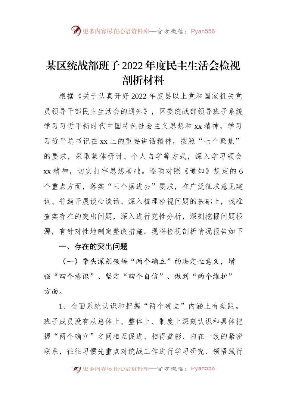 某区统战部班子2022年度民主生活会检视剖析材料.docx_第1页