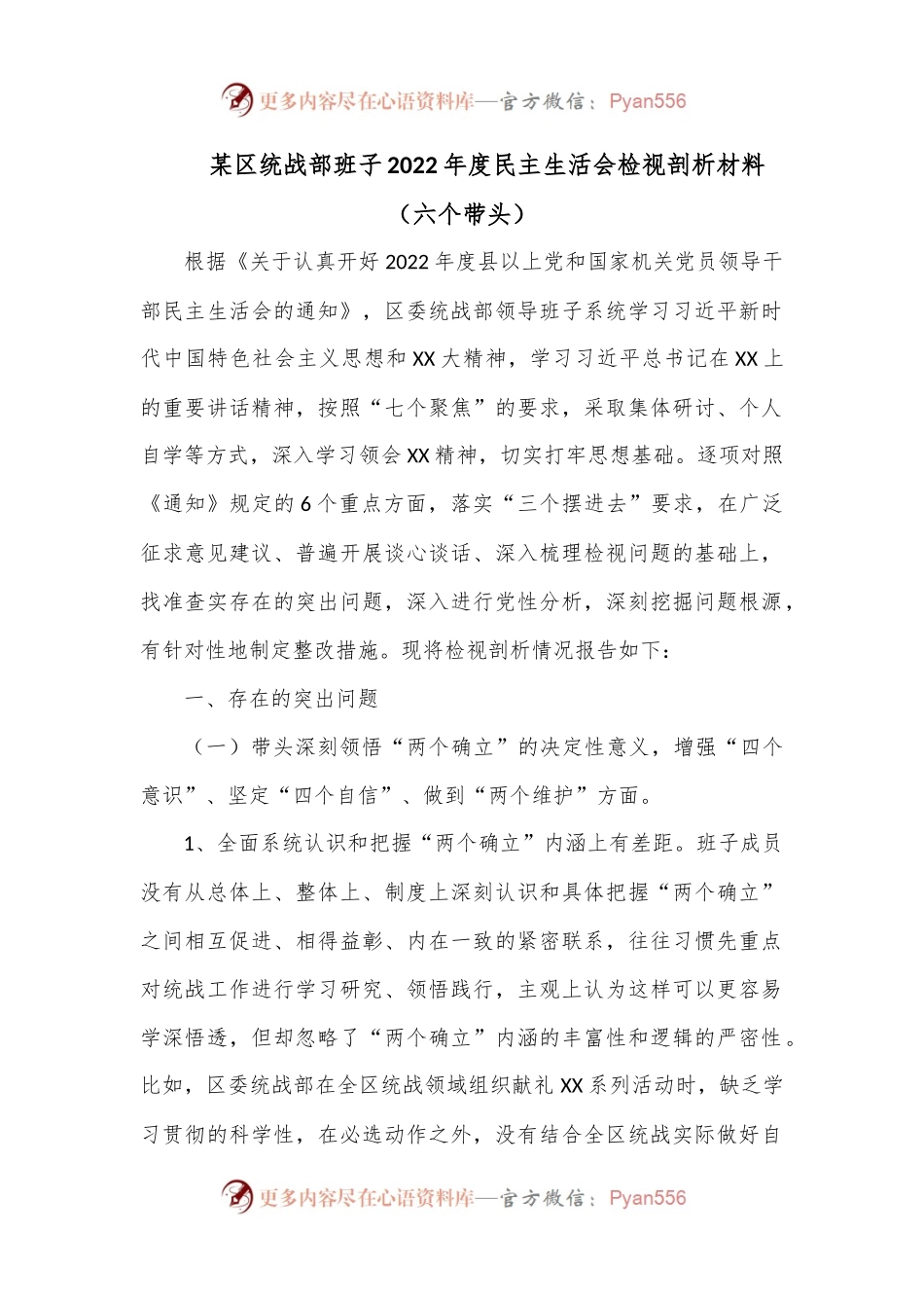 某区统战部班子2022年度民主生活会（六个带头）检视剖析材料.docx_第1页