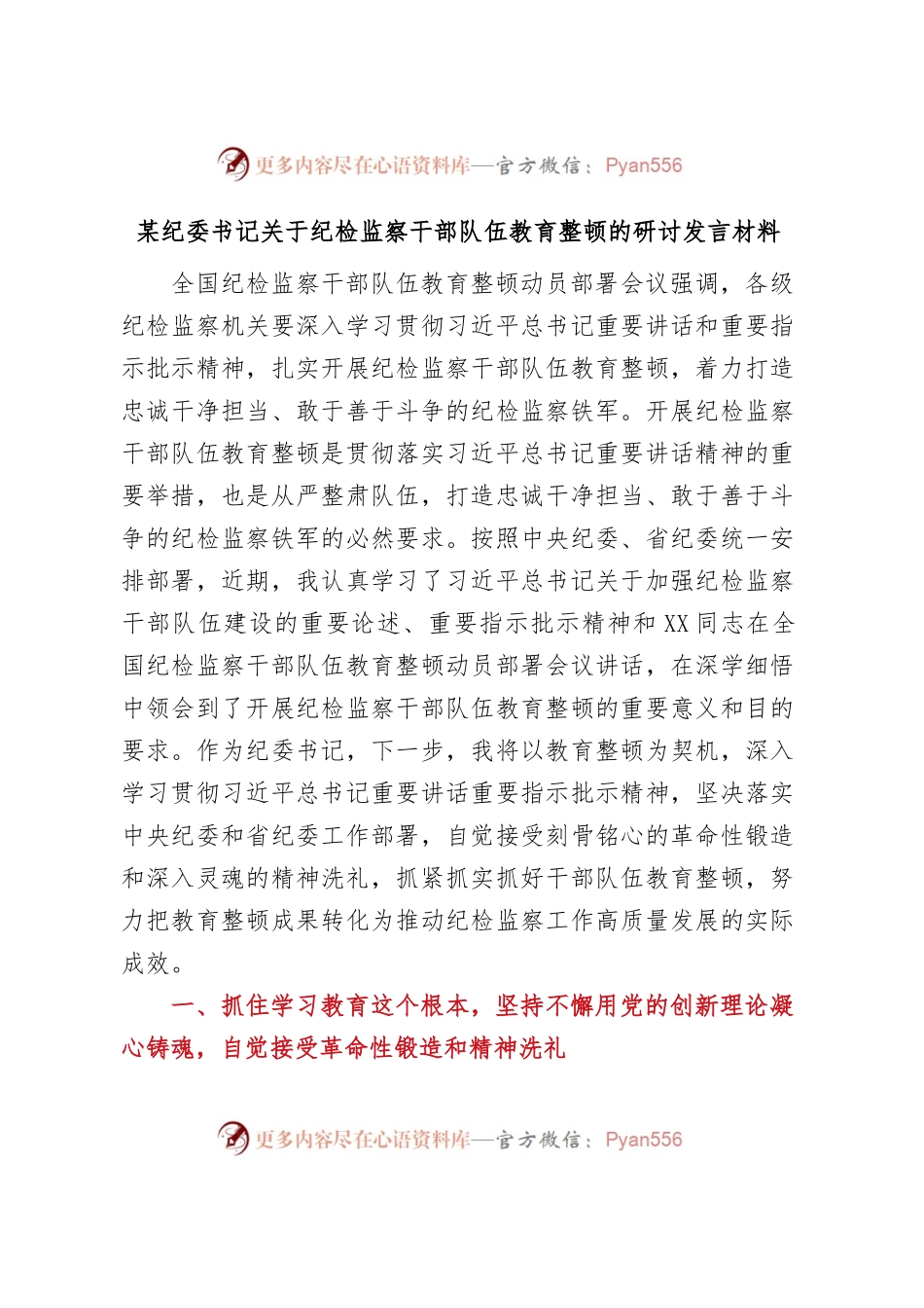 某纪委书记关于纪检监察干部队伍教育整顿的研讨发言材料.docx_第1页