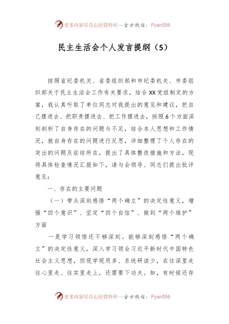 民主生活会个人发言稿提纲（5）.docx_第1页