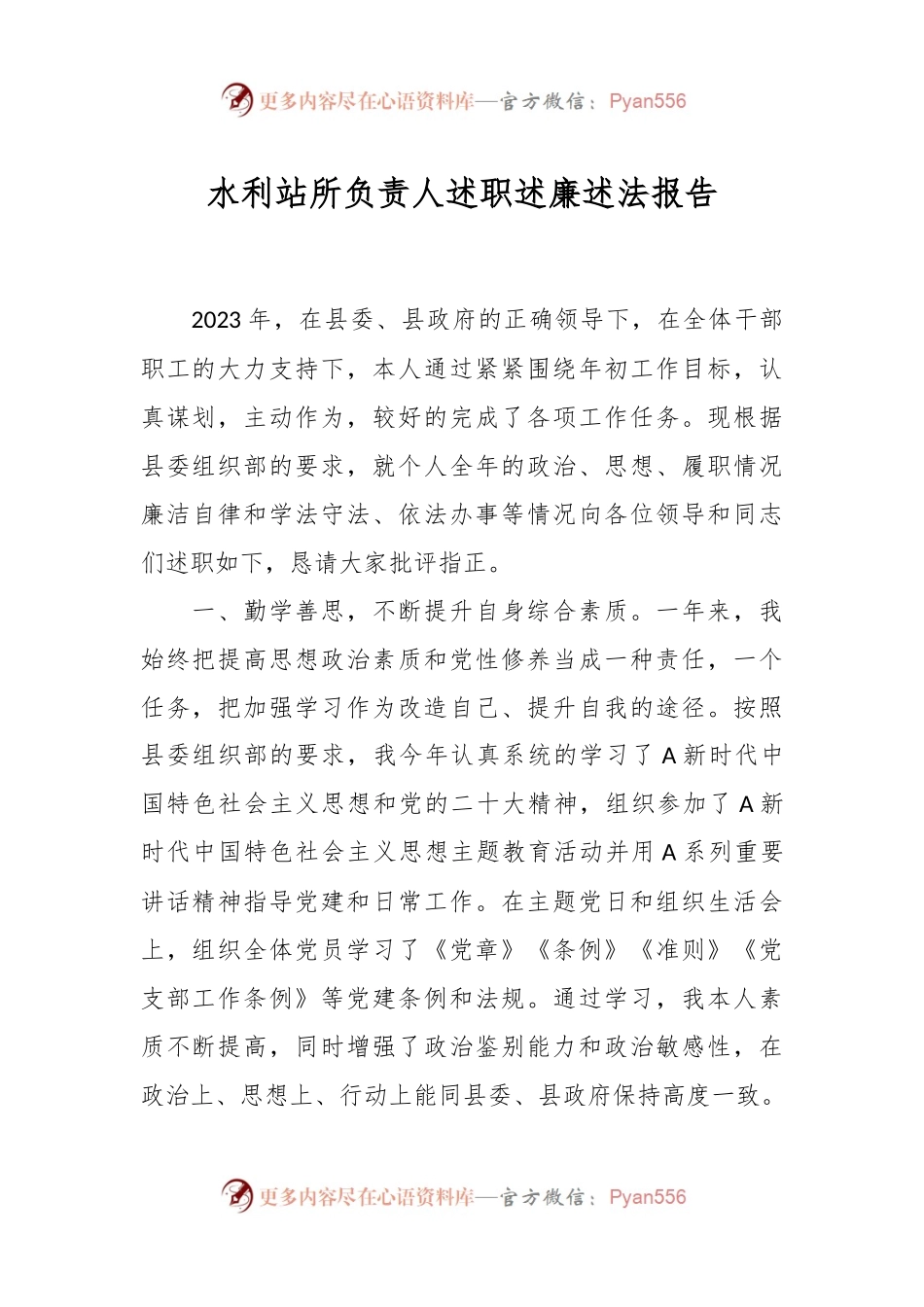 水利站所负责人述职述廉述法报告.docx_第1页