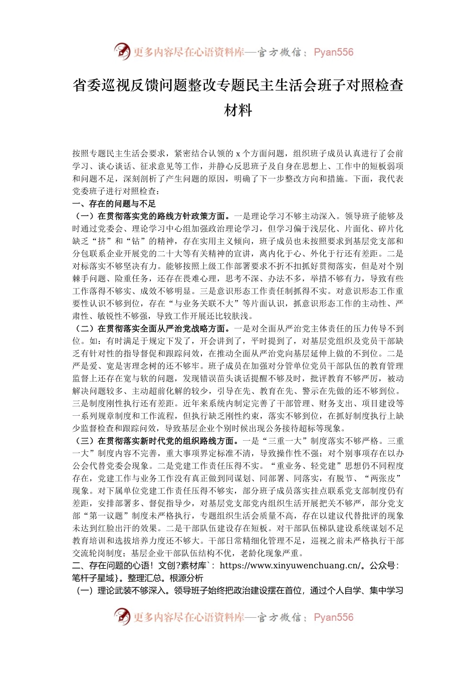 省委巡视反馈问题整改专题民主生活会班子对照检查材料.docx_第1页