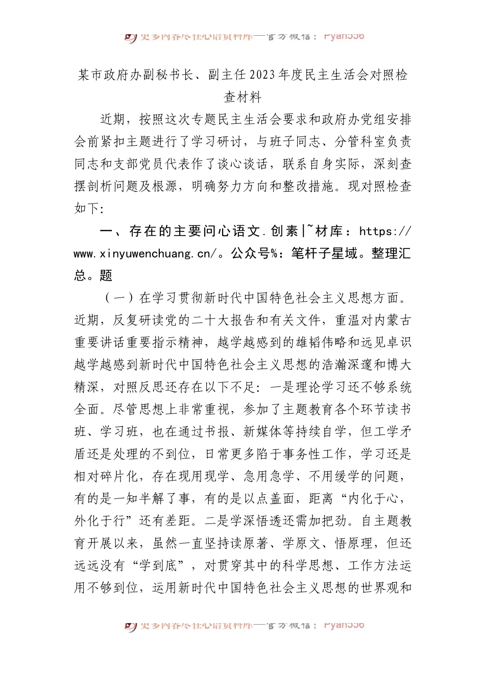 某市政府办副秘书长、副主任2023年度民主生活会对照检查材料.docx_第1页