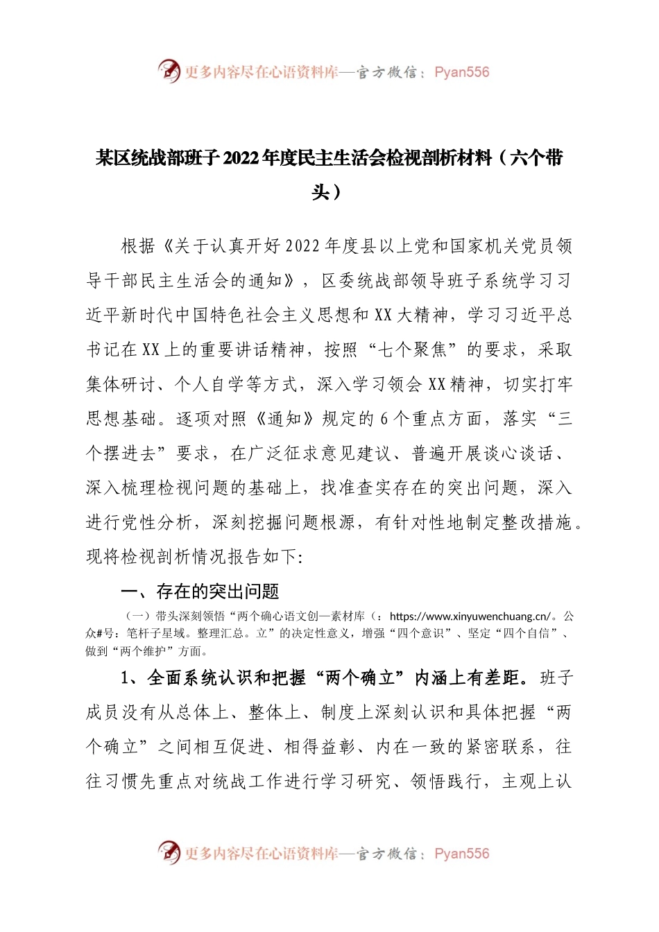 班子统战部班子2022年度民主生活会检视剖析材料.docx_第1页