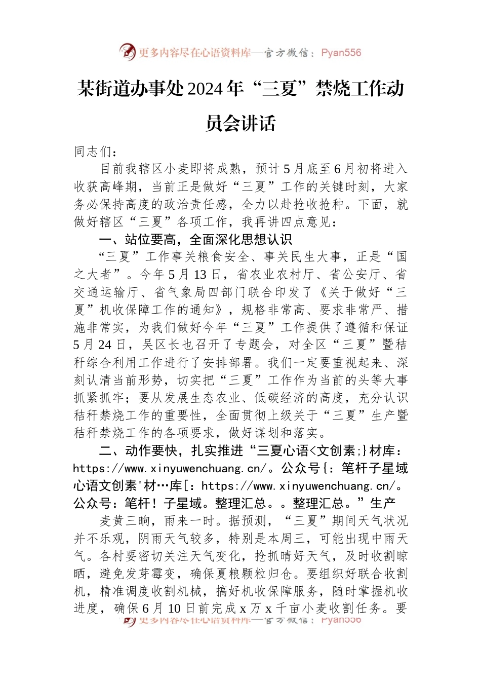 某街道办事处2024年“三夏”禁烧工作动员会讲话.docx_第1页