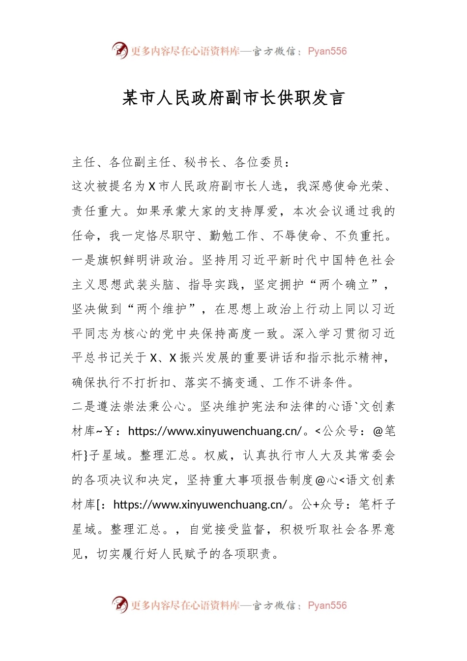 某市人民政府副市长供职发言.docx_第1页