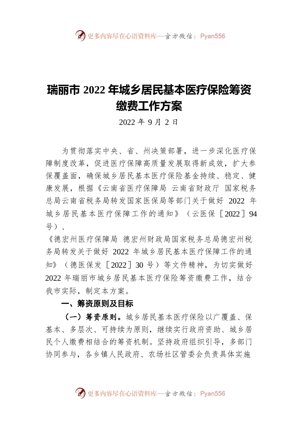 瑞丽市2022年城乡居民基本医疗保险筹资缴费工作方案（20220902）.docx_第1页