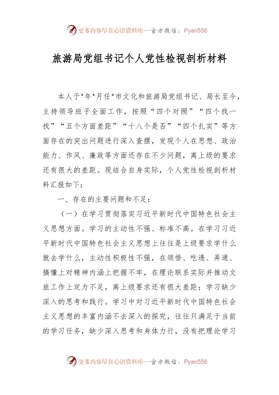 旅游局党组书记个人党性检视剖析材料.docx_第1页