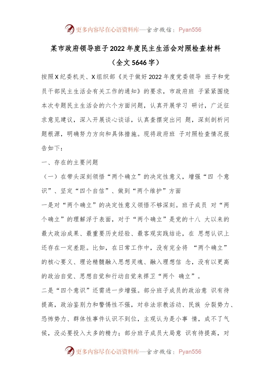 某市政府领导班子2022年度民主生活会对照检查材料（全文5646字）.docx_第1页