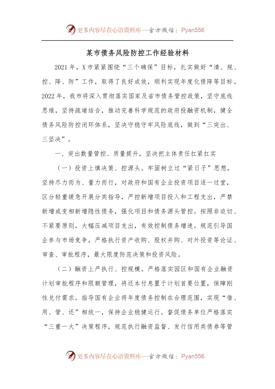 某市债务风险防控工作经验材料.docx_第1页