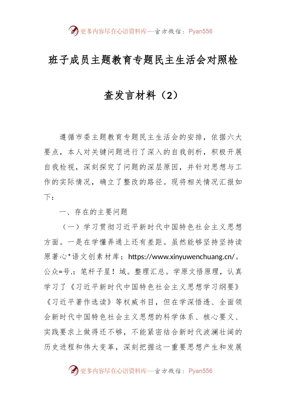 班子成员主题教育专题民主生活会对照检查发言稿材料（2）.docx_第1页