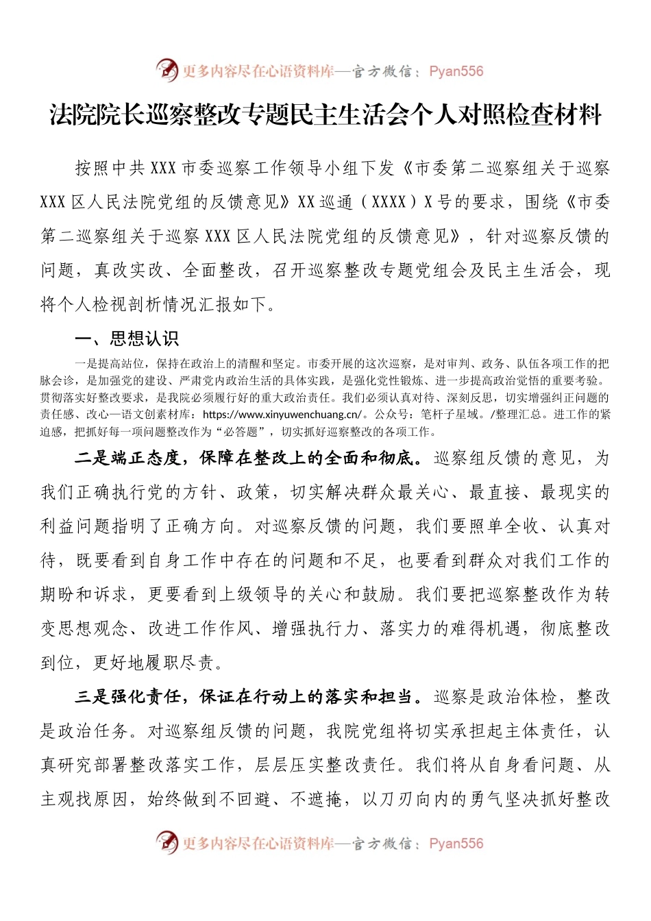 法院院长巡察整改专题民主生活会个人对照检查材料 (1).docx_第1页