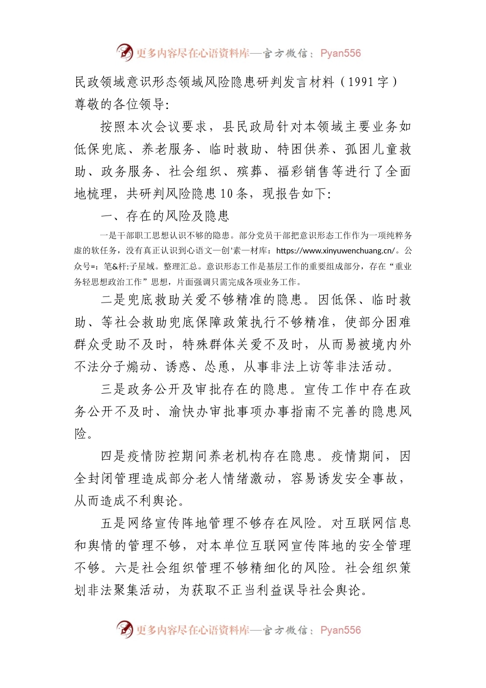 民政领域意识形态领域风险隐患研判发言材料.docx_第1页