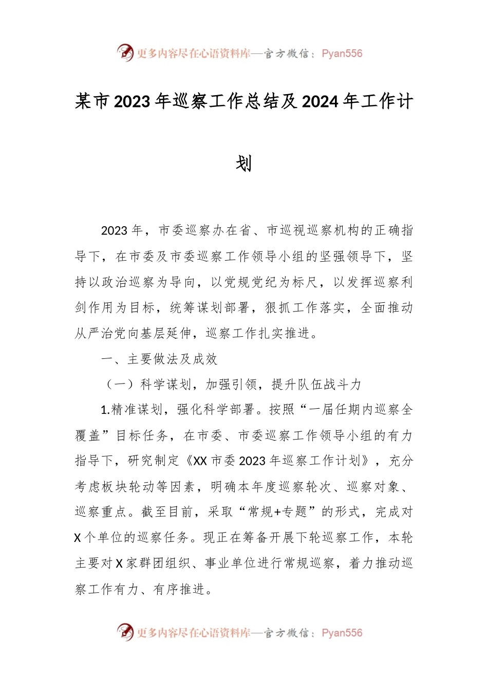 某市2023年巡察工作总结及2024年工作计划.docx_第1页