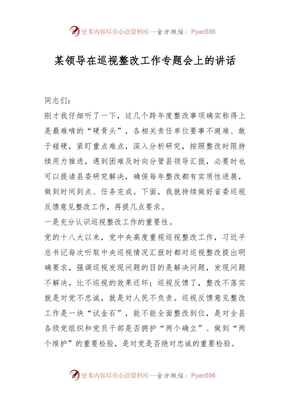 某领导在巡视整改工作专题会上的讲话.docx_第1页