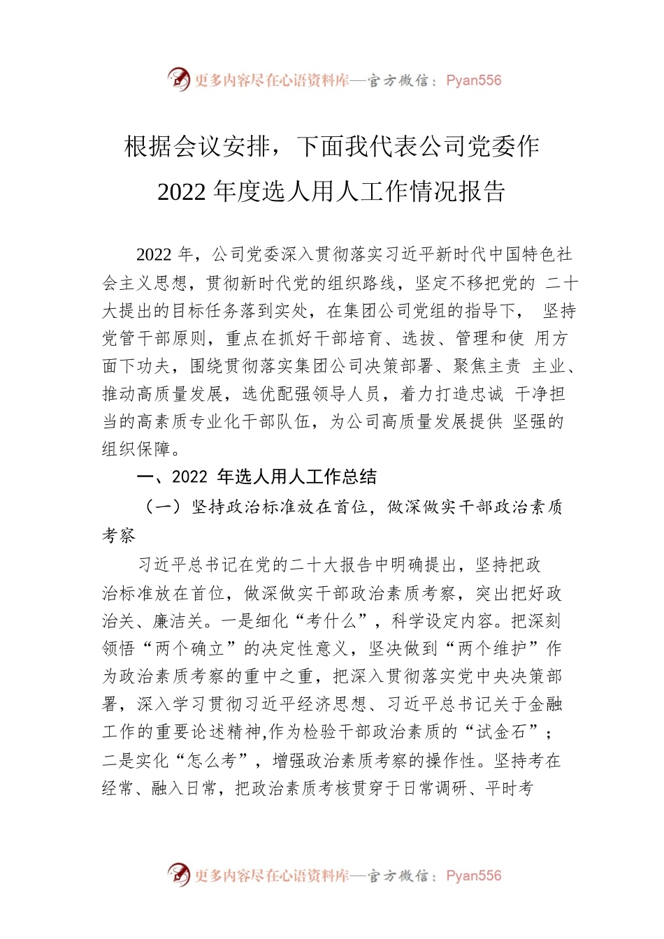 根据会议安排，下面我代表公司党委作2022年度选人用人工作情况报告.docx_第1页