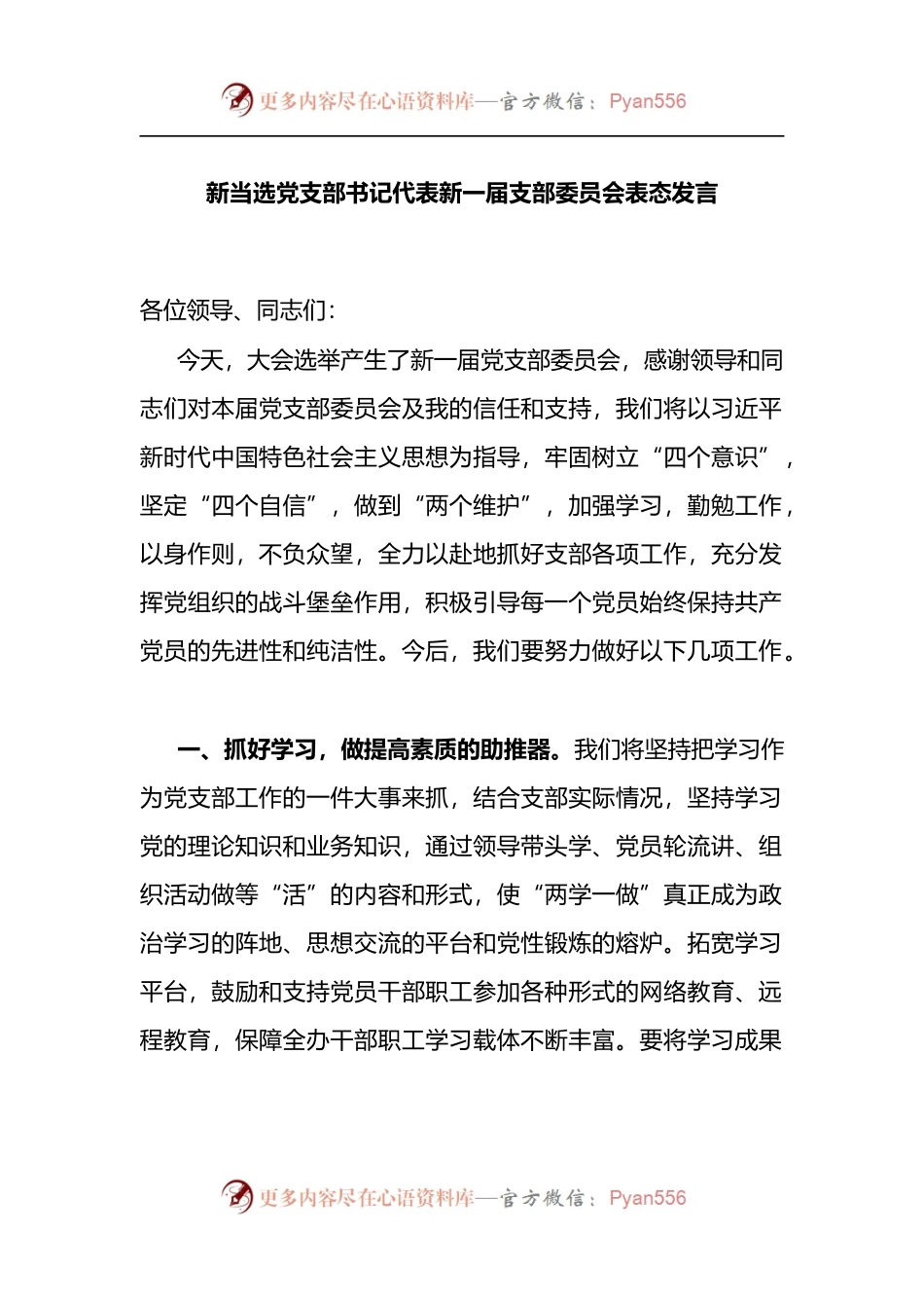 新当选党支部书记代表新一届支部委员会表态发言.docx_第1页