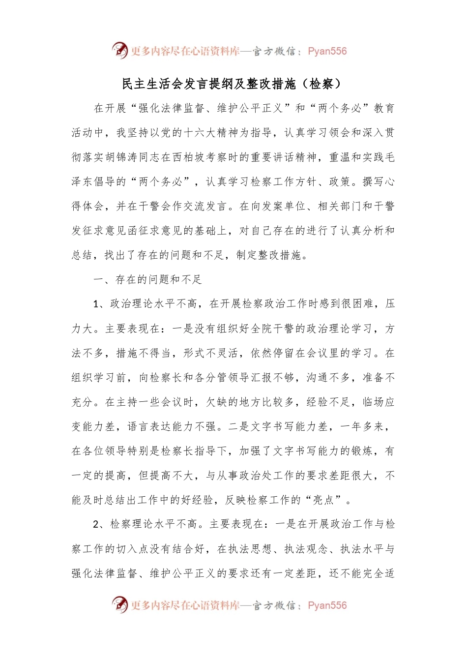 民主生活会发言提纲及整改措施（检察）.docx_第1页