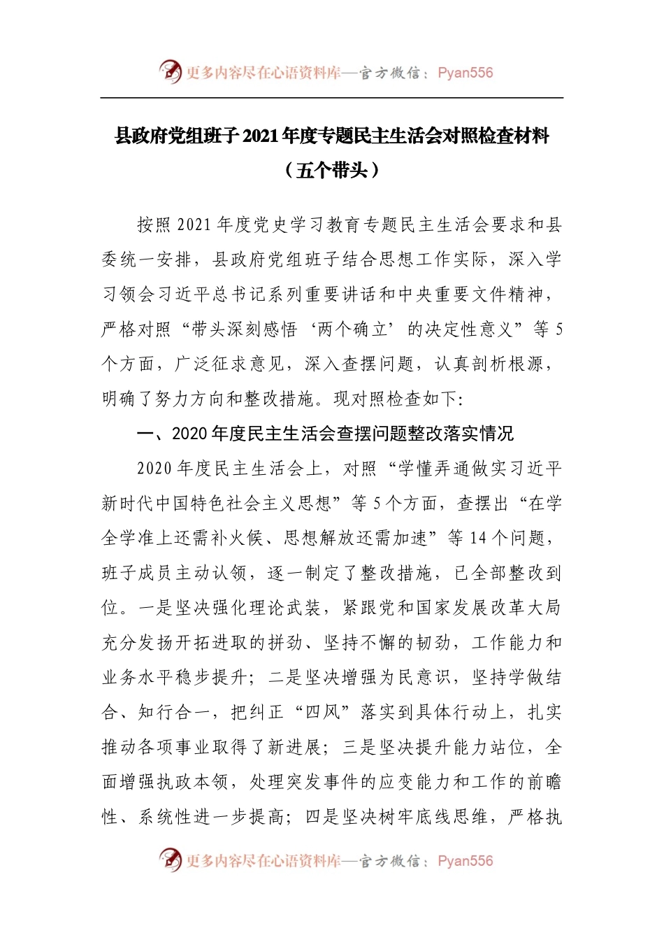 班子2021年度专题民主生活会对照检查材料[县府].docx_第1页