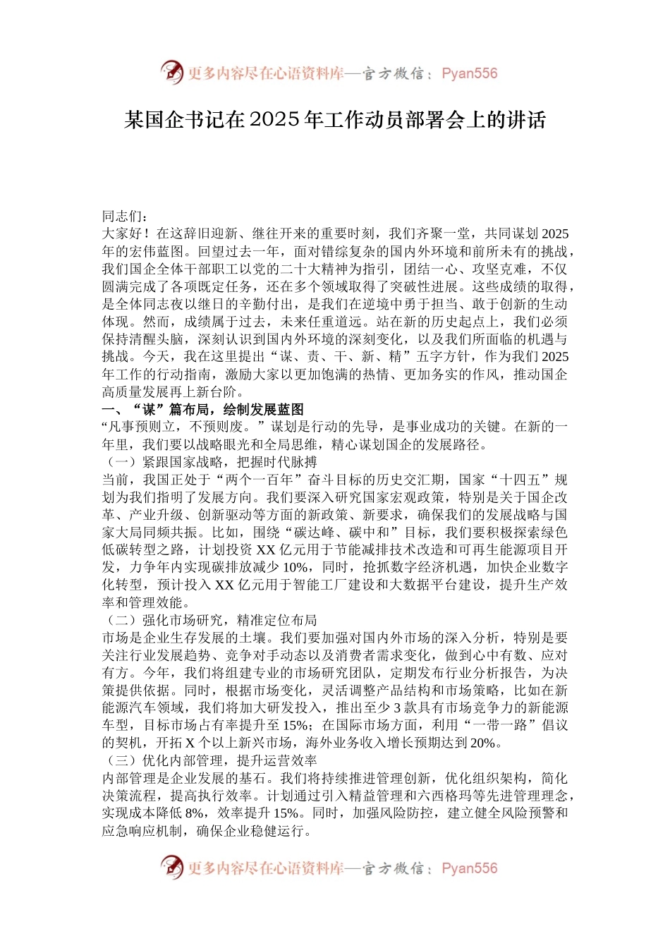 某国企书记在2025年工作动员部署会上的讲话.docx_第1页