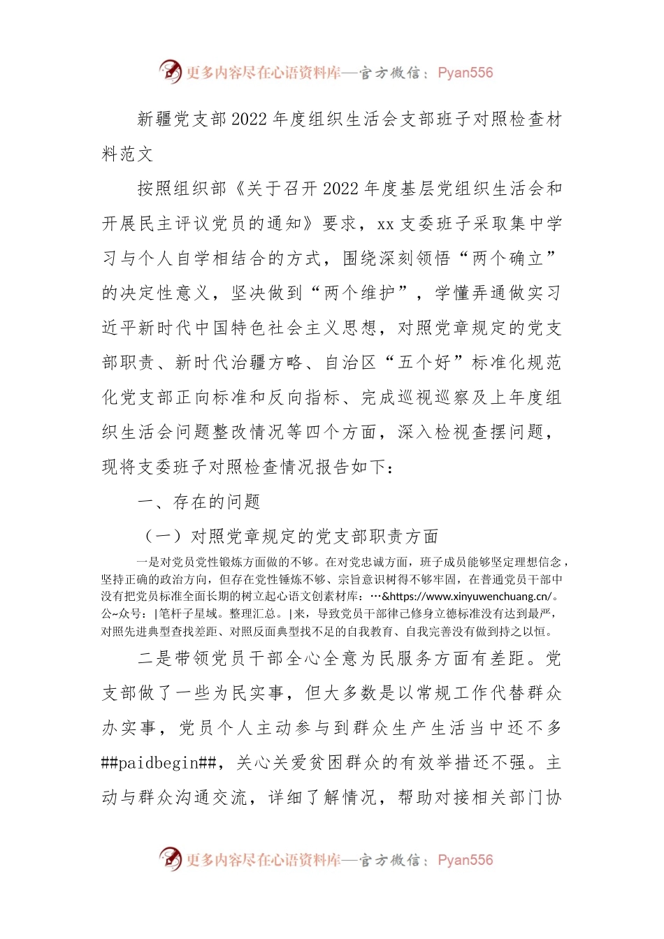 新疆党支部2022年度组织生活会支部班子对照检查材料范文.docx_第1页