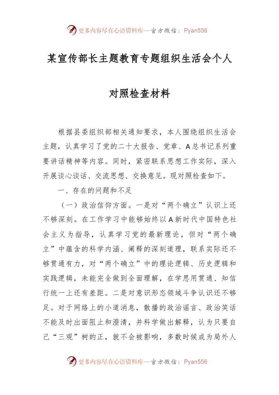 某宣传部长主题教育专题组织生活会个人对照检查材料.docx_第1页