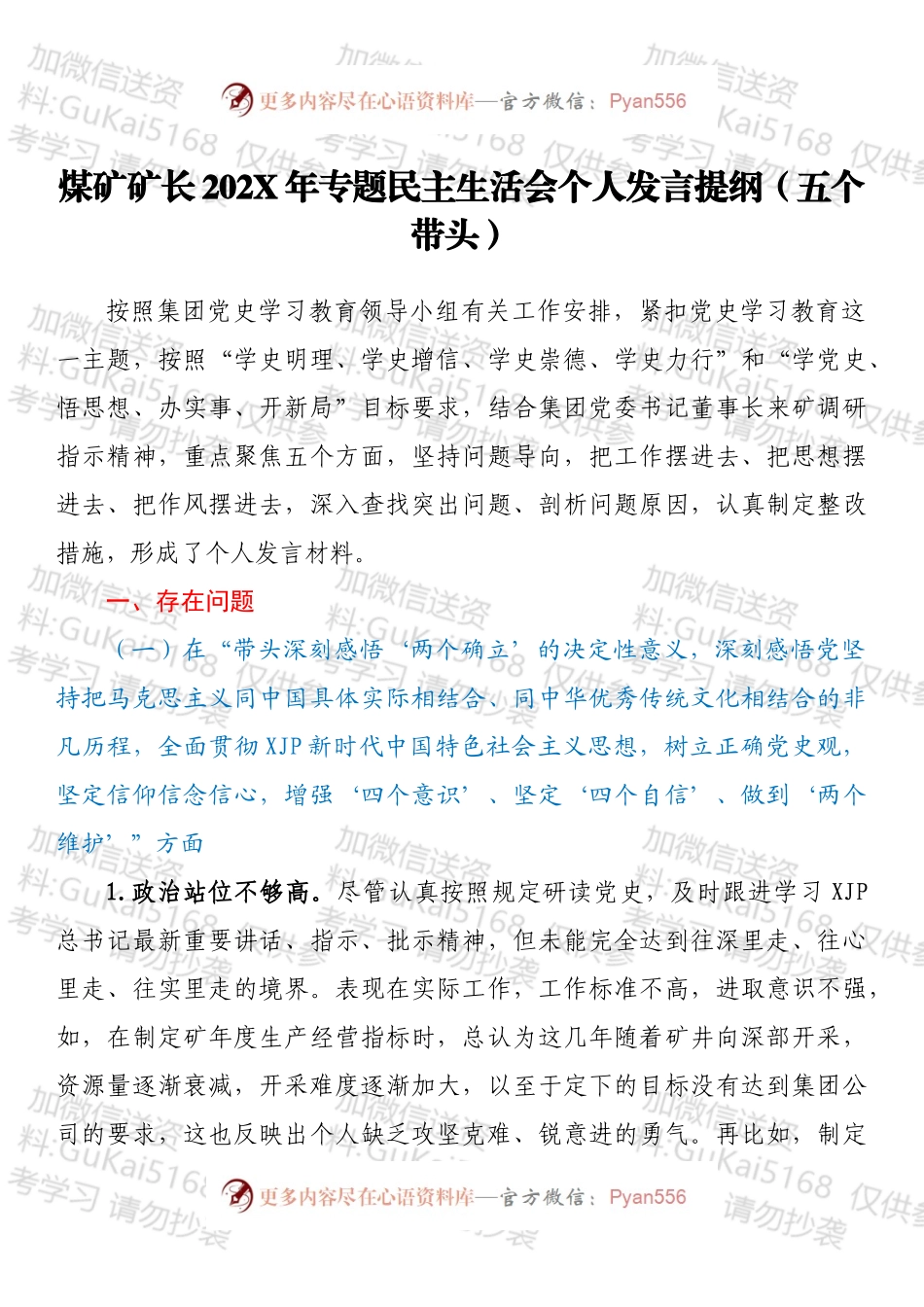 煤矿矿长202X年专题民主生活会个人发言提纲（五个带头）.docx_第1页